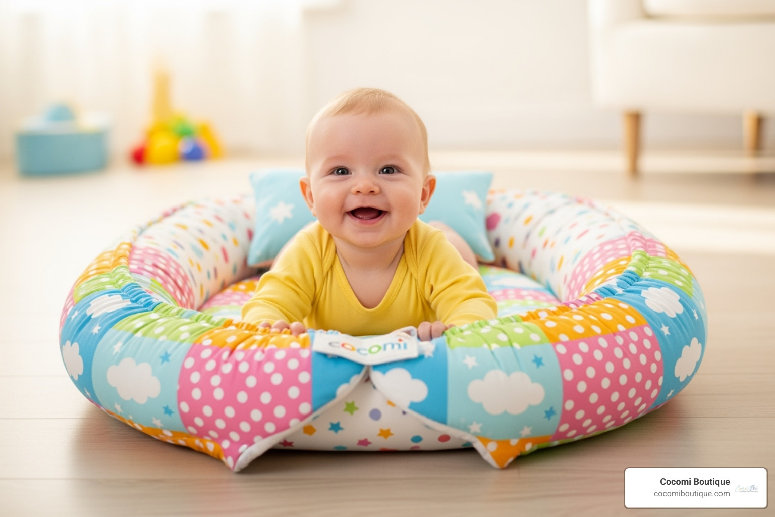 a happy baby doing tummy time in a colorful Cocomi Boutique snuggle nest - newborn snuggle nest