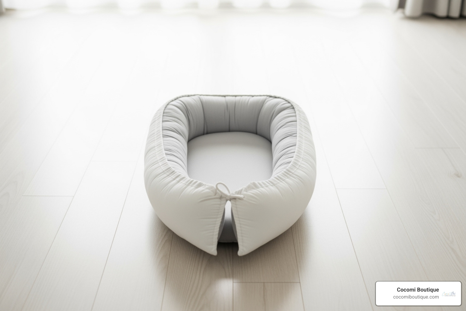 demonstrating safe placement of a newborn snuggle nest on a hardwood floor - newborn snuggle nest