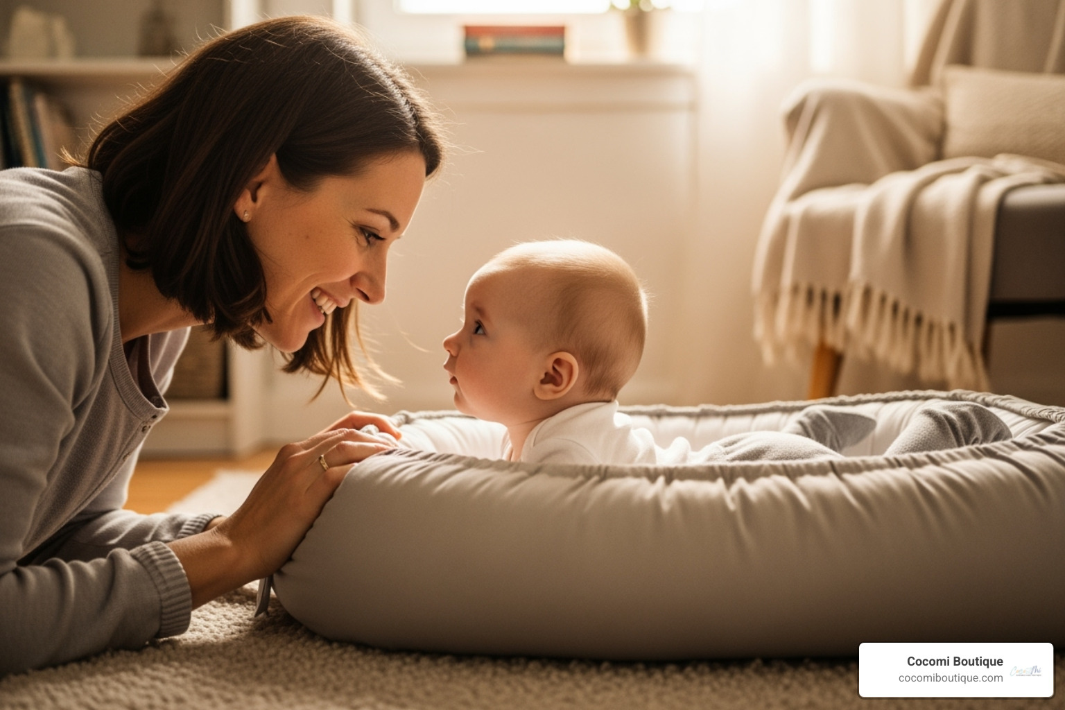 a parent smiling and interacting with their baby during tummy time in a Cocomi Boutique nest - newborn snuggle nest