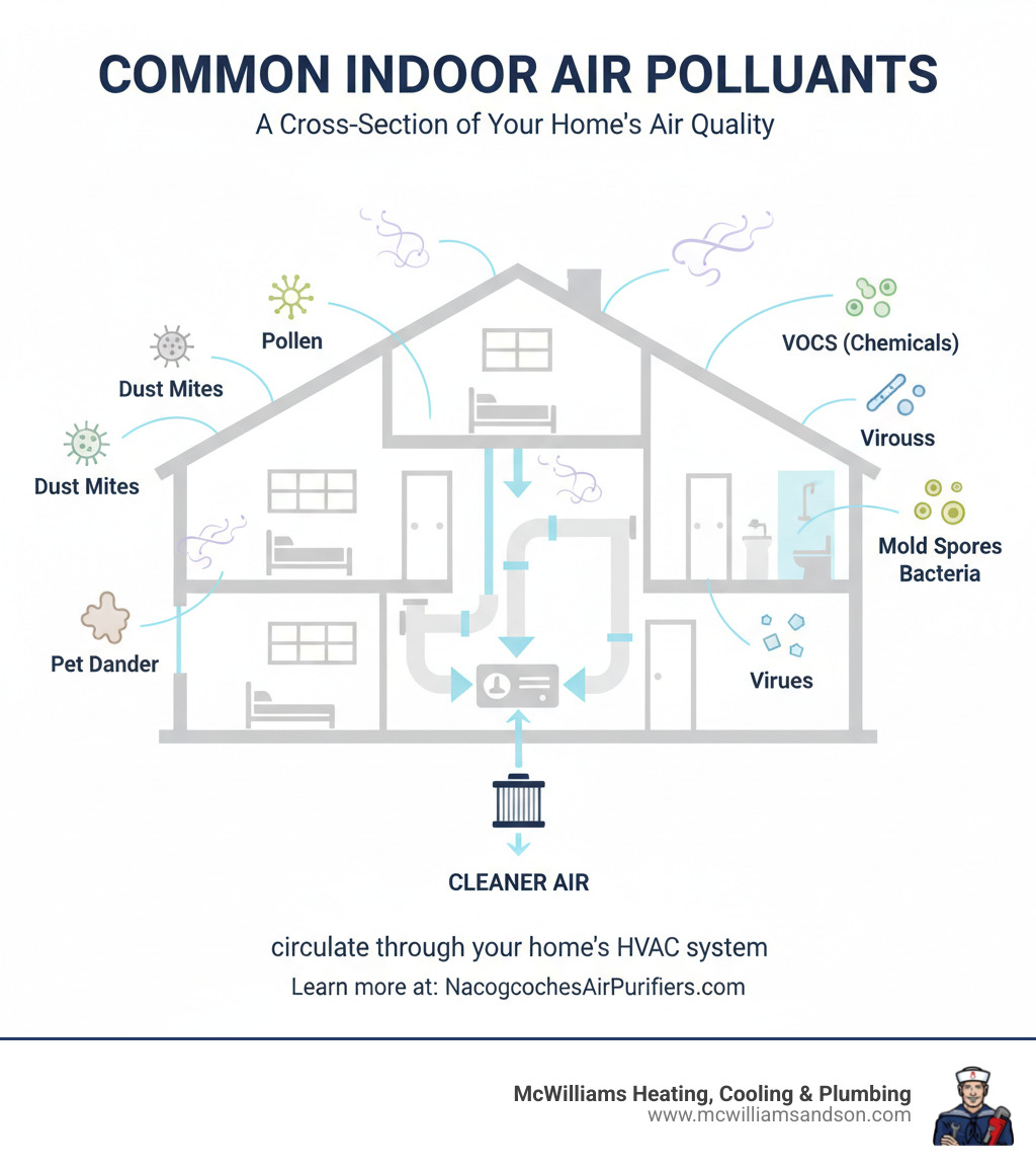 Comprehensive infographic showing common indoor air pollutants including dust mites, pollen, pet dander, mold spores, bacteria, viruses, and volatile organic compounds (VOCs) circulating through a cross-section view of a home's rooms and HVAC ductwork system - air purifier installation nacogdoches infographic 