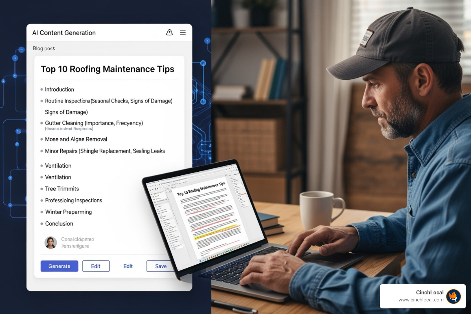 split screen: an AI tool generating a content outline on one side, a roofer editing on the other - ai content optimization