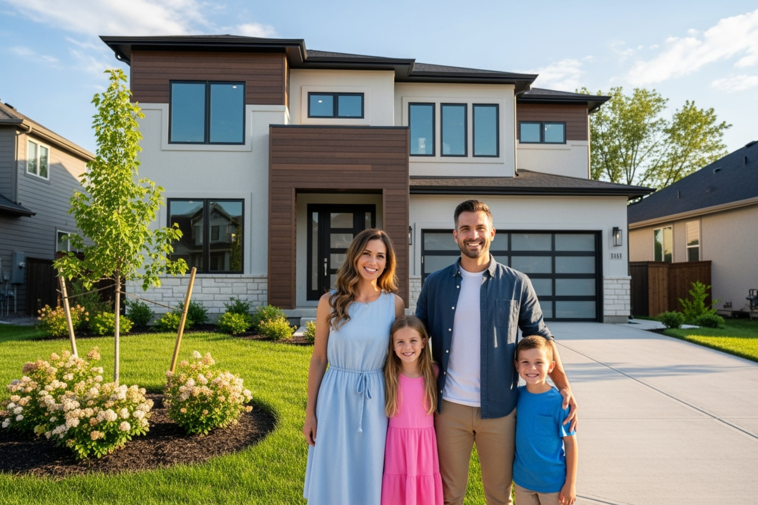 Family in front of a new home with loan type logos (FHA, VA) - Real Estate Financing