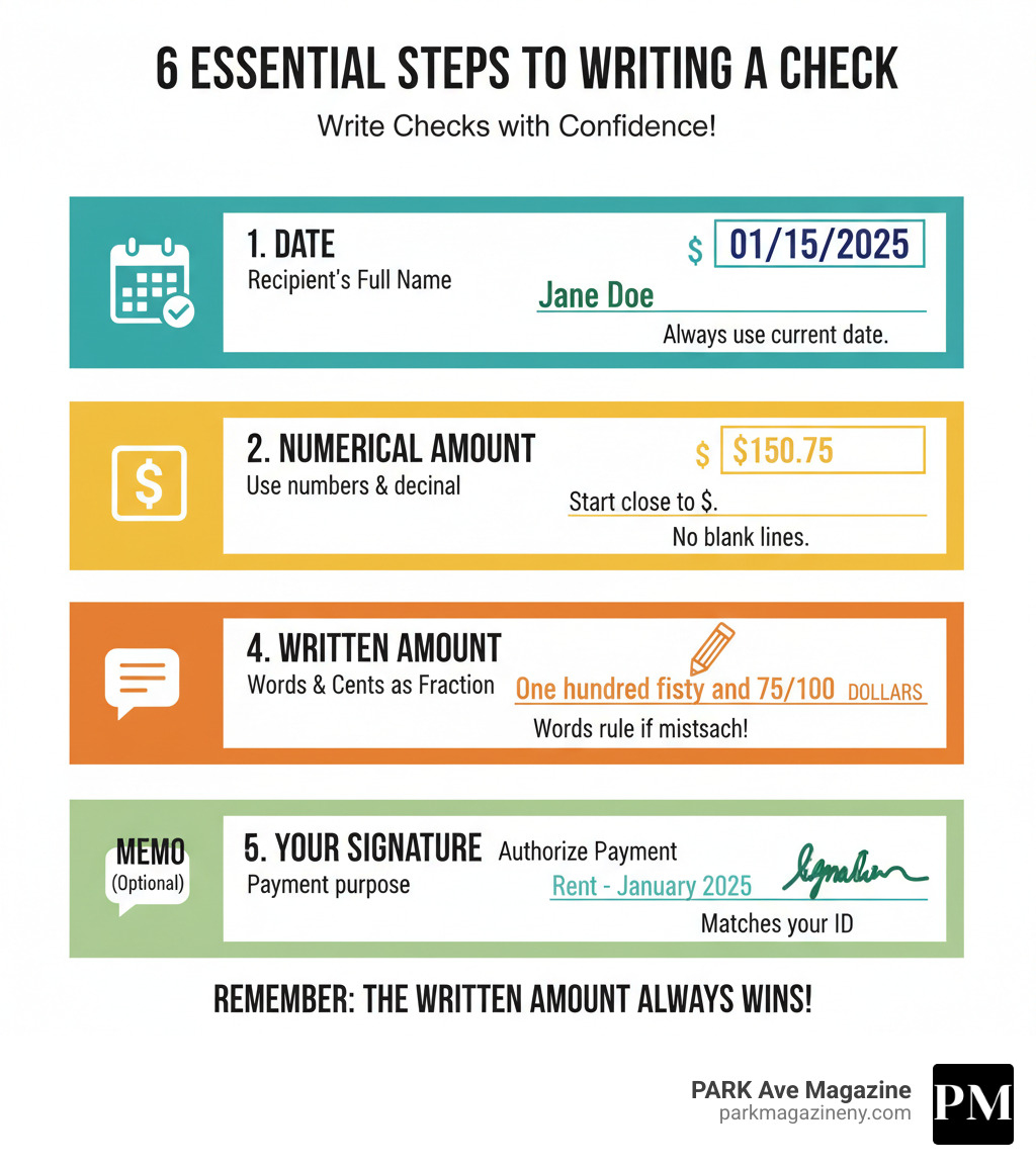 Infographic showing the 6 essential steps to write a check correctly, including visual examples of filling out the date field, payee line, numerical amount box, written amount line, memo field, and signature area with proper formatting and security tips - how to write out a check infographic 