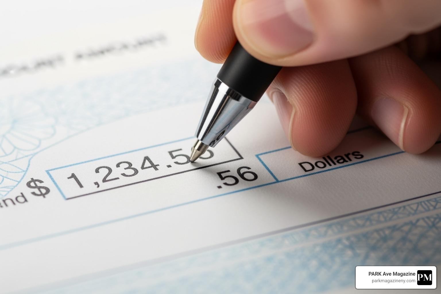Close-up of a check's numerical amount box being filled out with dollars and cents, emphasizing starting from the left - how to write out a check
