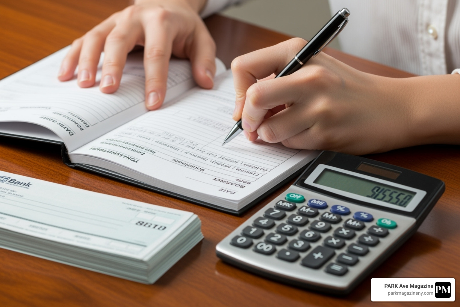 A person diligently filling out a checkbook register, with a pen, next to a stack of checks and a calculator - how to write out a check