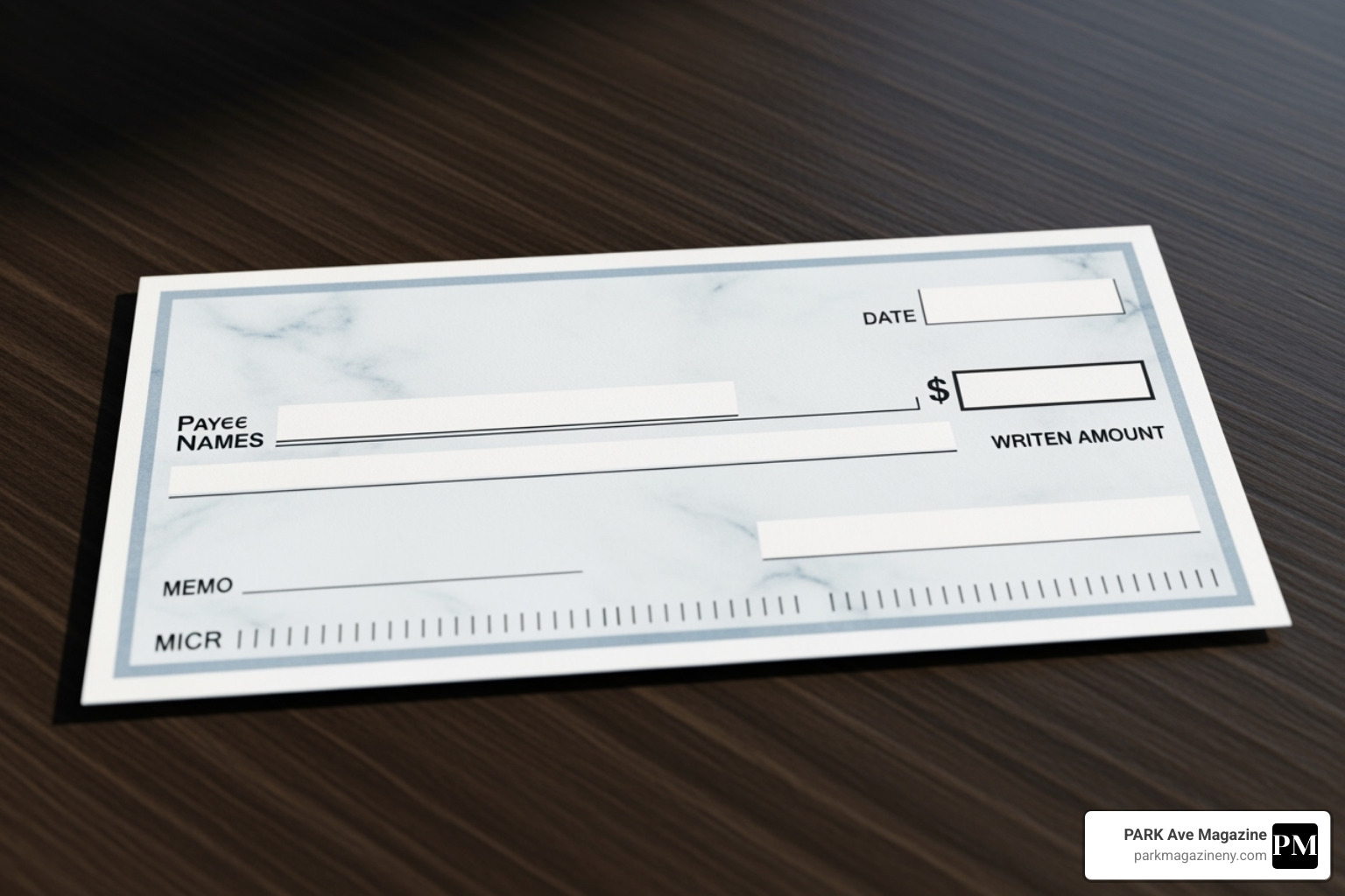 A blank check with all its essential parts labeled, including date, payee, numerical amount, written amount, memo, signature, routing number, account number, and check number - how to write out a check