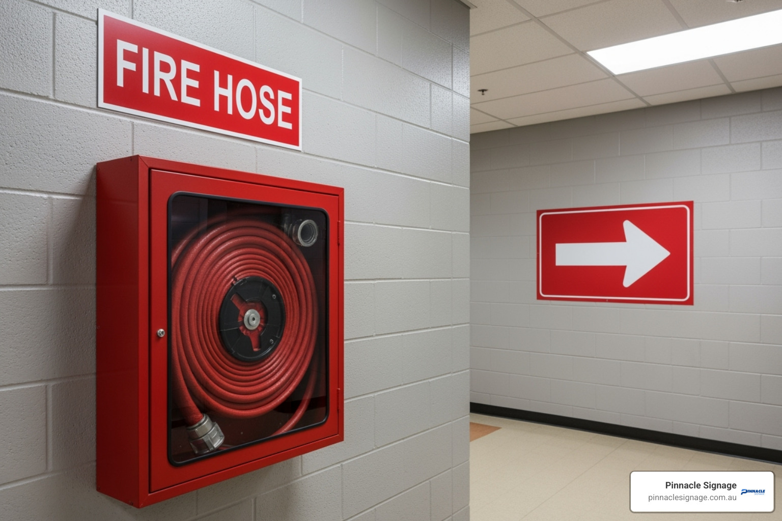 High-visibility emergency station featuring a red metal fire hose cabinet and clear "FIRE HOSE" identification sign on a brick wall. - fire hose cabinet sign