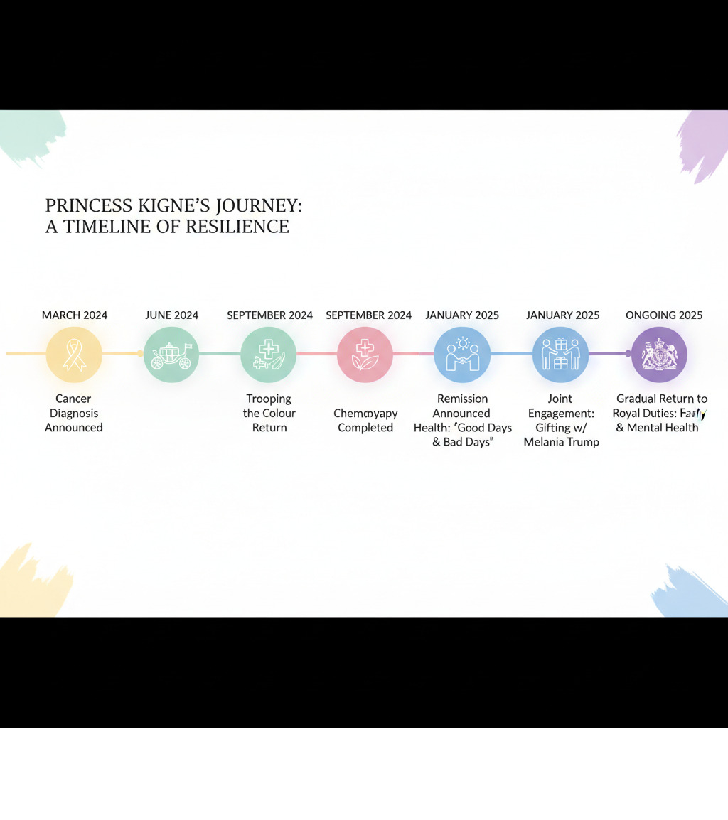 Timeline showing Princess Kate's key milestones from cancer diagnosis through remission announcement, including Trooping the Colour return, chemotherapy completion, and recent public engagements with health status updates - princess kate latest news today infographic 