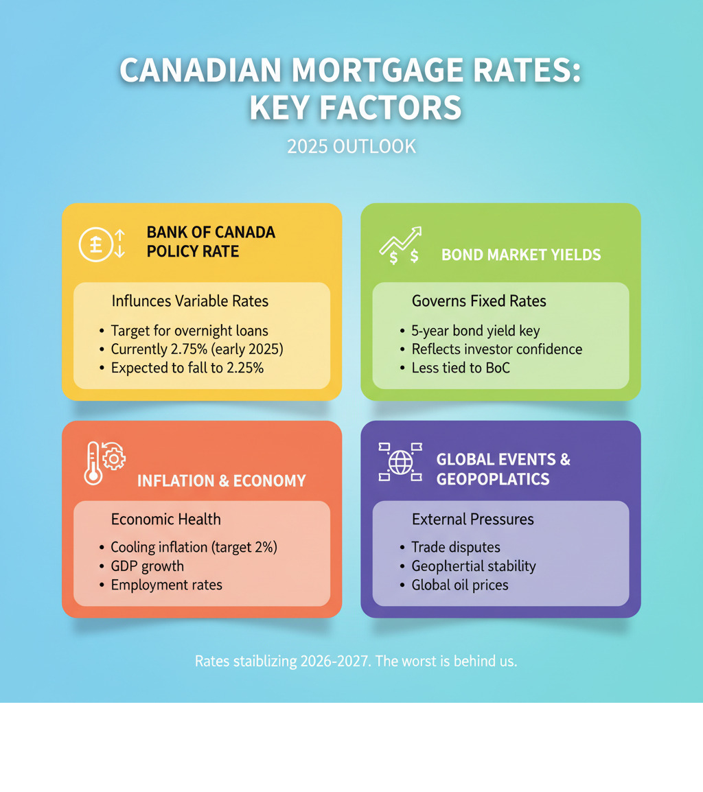 Infographic explaining the main factors that influence mortgage rates in Canada - when will mortgage rates go down infographic Infographic explaining the main factors that influence mortgage rates in Canada - when will mortgage rates go down infographic