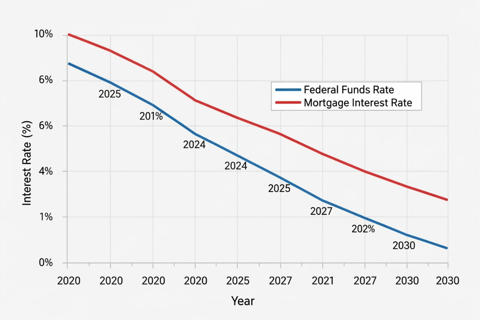 A graph showing mortgage rate predictions for 2025-2027 - when will mortgage rates go down A graph showing mortgage rate predictions for 2025-2027 - when will mortgage rates go down