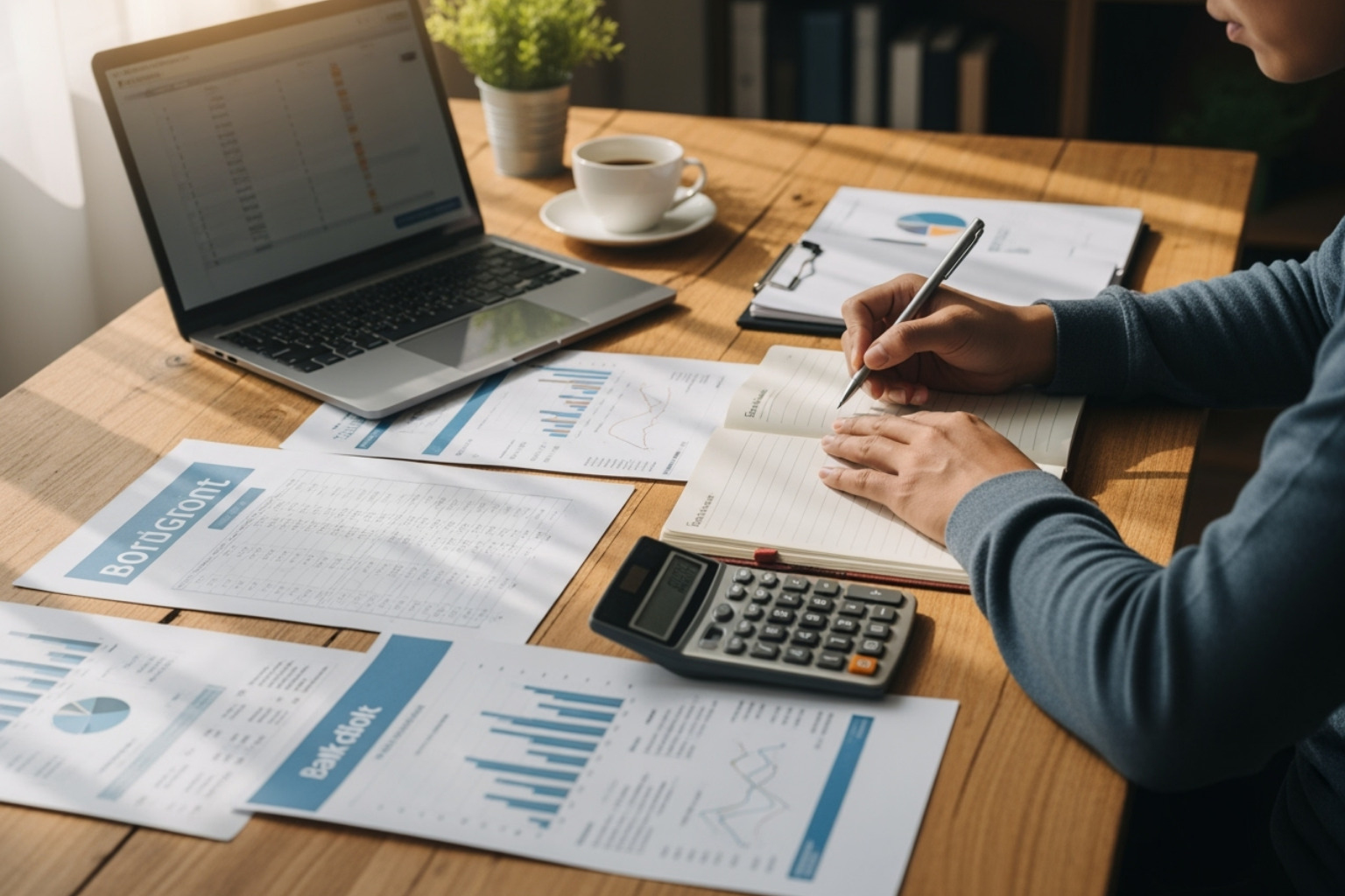 A person creating a budget at a desk with financial documents and a calculator - when will mortgage rates go down A person creating a budget at a desk with financial documents and a calculator - when will mortgage rates go down