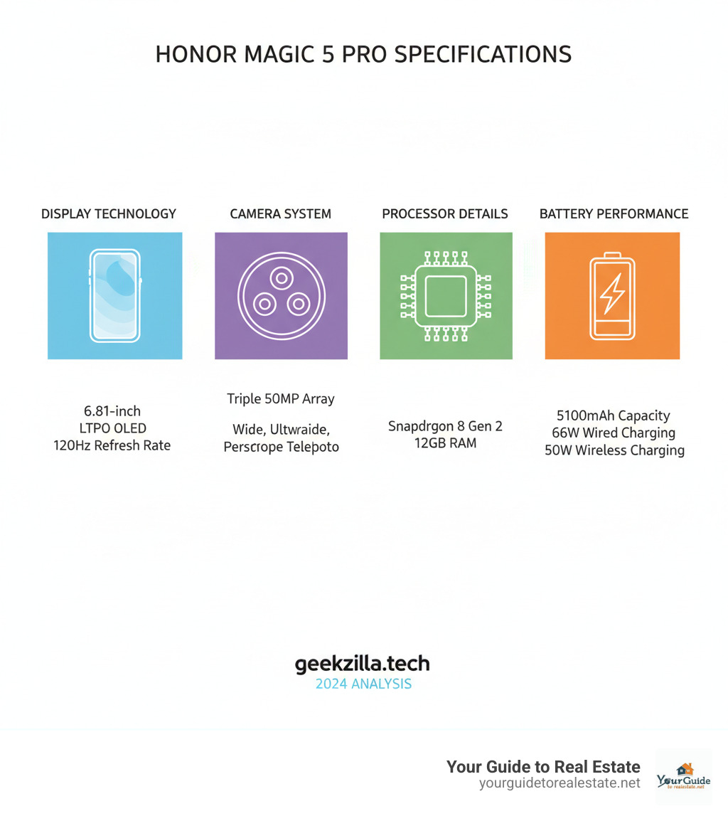 Honor Magic 5 Pro specifications breakdown showing display technology, camera system, processor details, and battery performance metrics - geekzilla.tech honor magic 5 pro infographic 