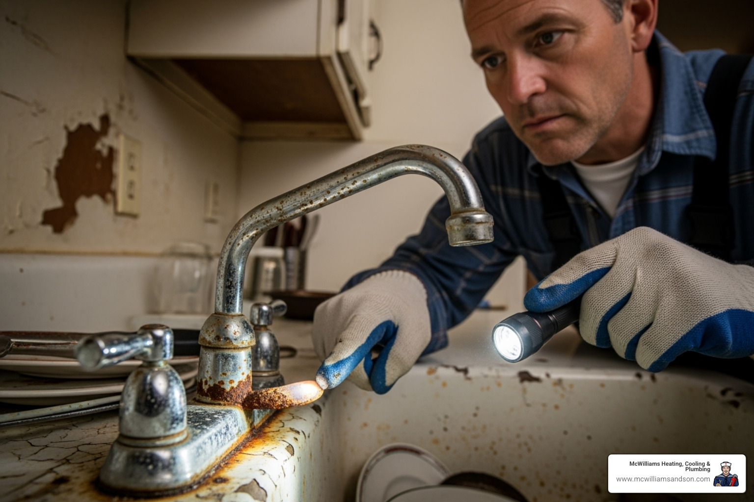 A plumber in Nacogdoches inspecting an old, corroded kitchen faucet, pointing to rust spots near the base - kitchen faucet repair nacogdoches A plumber in Nacogdoches inspecting an old, corroded kitchen faucet, pointing to rust spots near the base - kitchen faucet repair nacogdoches