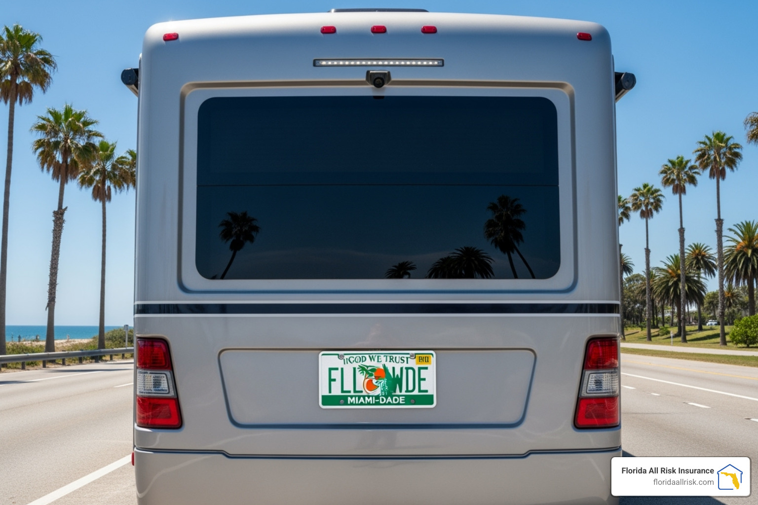 A Florida license plate prominently displayed on the back of a sleek, modern RV, symbolizing adherence to state regulations and readiness for travel across the Sunshine State. - rv insurance florida A Florida license plate prominently displayed on the back of a sleek, modern RV, symbolizing adherence to state regulations and readiness for travel across the Sunshine State. - rv insurance florida