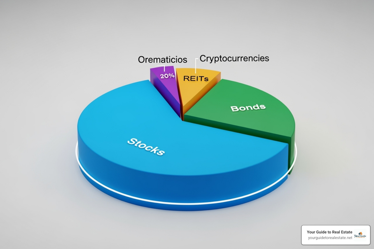 Pie chart showing a diversified investment portfolio with stocks, bonds, REITs, and crypto - gomyfinance invest