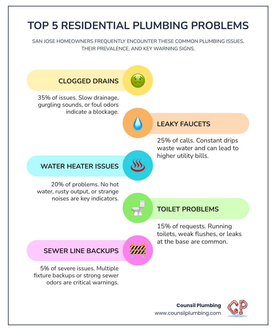 Infographic showing the 5 most common residential plumbing problems in San Jose homes: clogged drains (35%), leaky faucets (25%), water heater issues (20%), toilet problems (15%), and sewer line backups (5%), with average repair costs and emergency warning signs for each - residential plumbing San Jose infographic Infographic showing the 5 most common residential plumbing problems in San Jose homes: clogged drains (35%), leaky faucets (25%), water heater issues (20%), toilet problems (15%), and sewer line backups (5%), with average repair costs and emergency warning signs for each - residential plumbing San Jose infographic