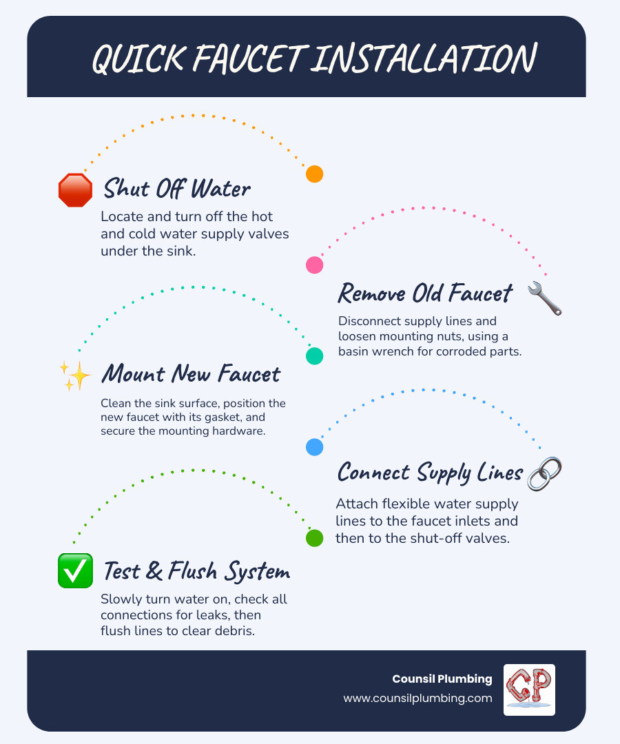 Comprehensive faucet installation guide showing step-by-step process from water shut-off through final testing, including tools needed (basin wrench, adjustable wrench, pliers), different faucet types (single-handle, centerset, widespread), and common troubleshooting tips for leak prevention - faucet installation infographic infographic-line-5-steps-blues-accent_colors