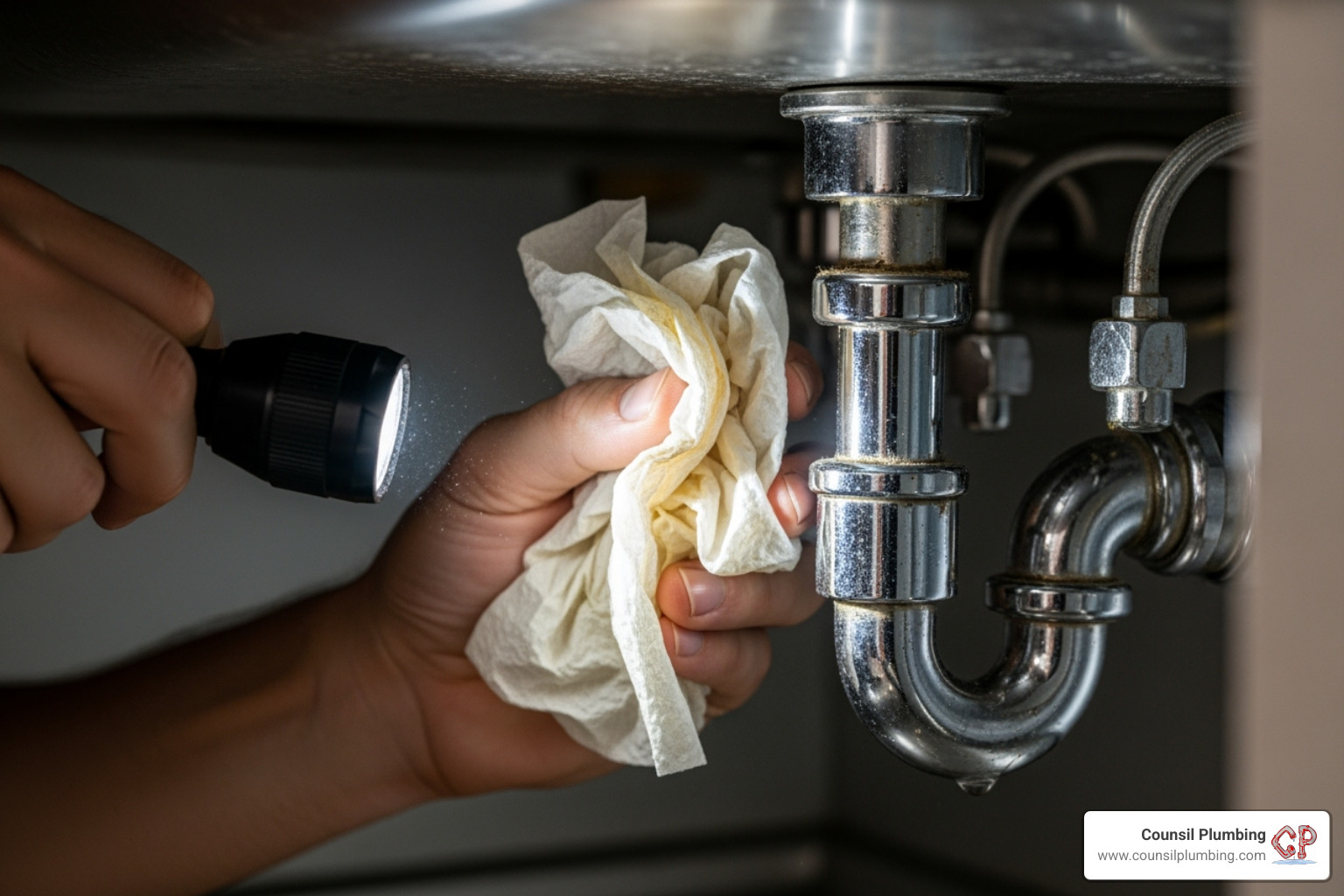 checking for leaks under the sink with a flashlight and a dry paper towel - faucet installation
