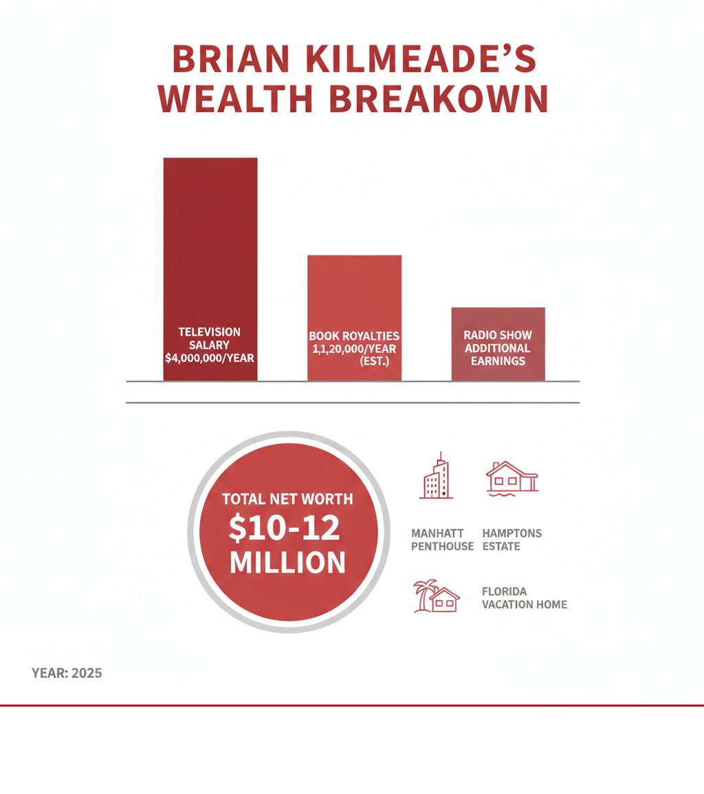 Detailed breakdown of Brian Kilmeade's wealth sources showing television salary at $4 million annually, book royalties estimated at $1.2 million, radio show earnings, and total net worth of $10-12 million with assets including Manhattan penthouse, Hamptons estate, and Florida vacation home - brian kilmeade net worth infographic 