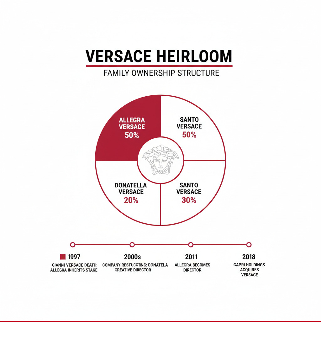 Versace family inheritance structure showing Allegra Versace's 50% ownership stake, Donatella Versace's 20% stake, and Santo Versace's 30% stake, plus timeline of major company milestones from 1997 to 2018 - allegra versace infographic 
