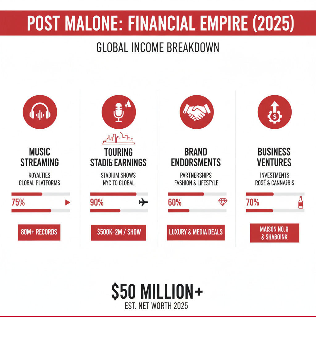 Detailed breakdown of Post Malone's income sources showing music streaming revenue, touring earnings, brand endorsements, and business ventures, with emphasis on his financial success from New York City performances to global markets - post malone net worth infographic 
