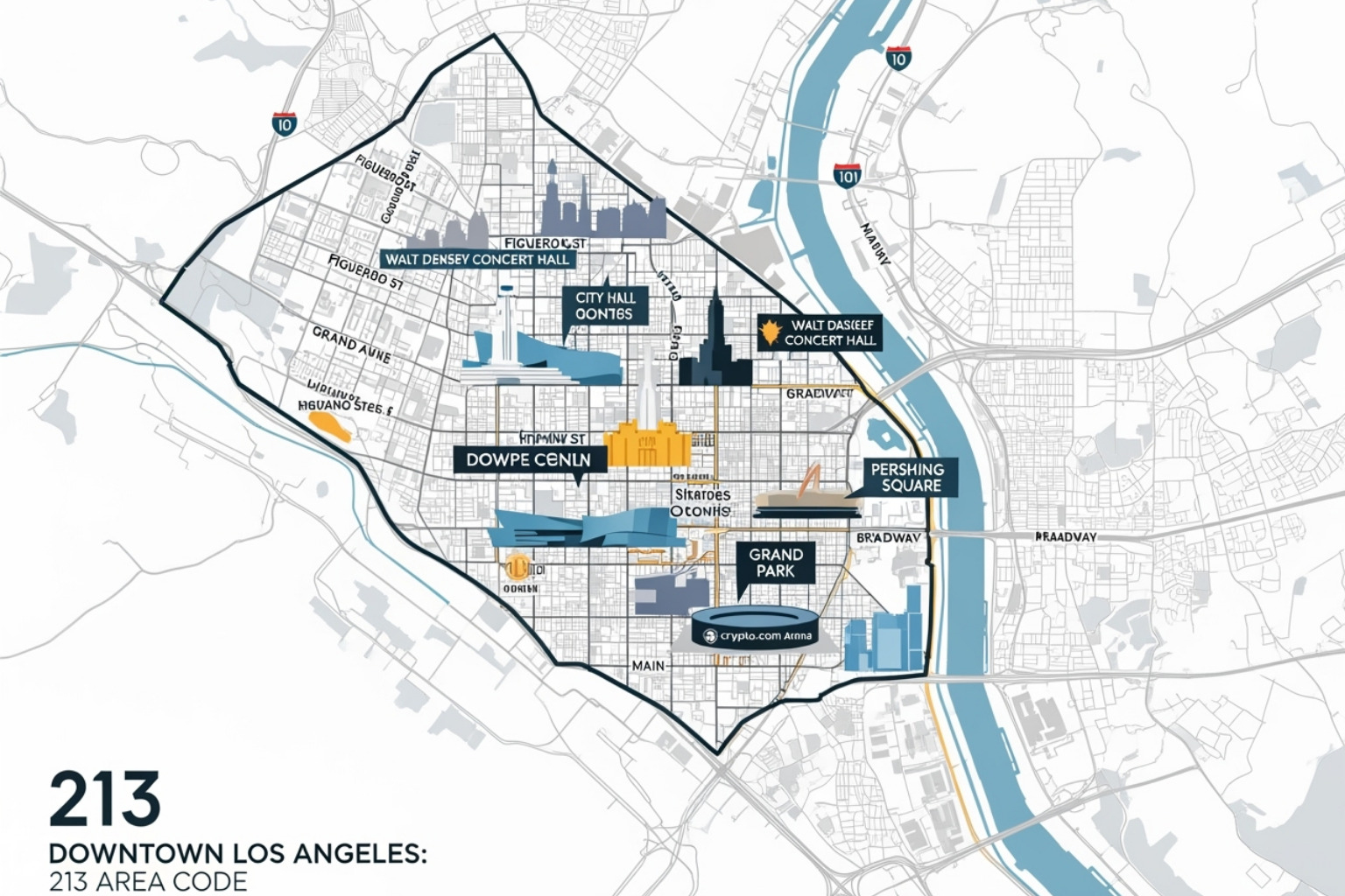 Stylish map highlighting the 213 area code's coverage over Downtown Los Angeles - 213 area code