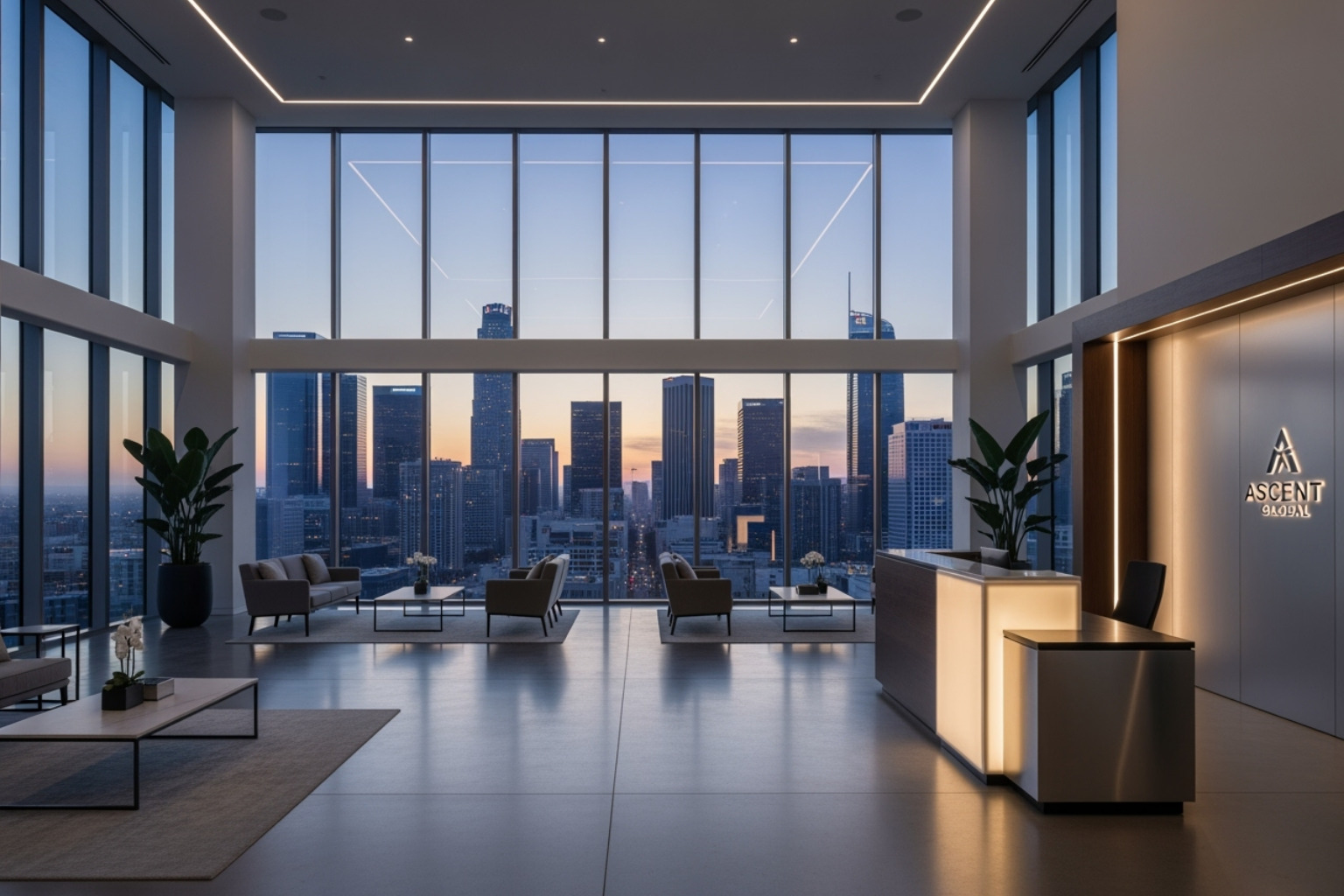 Chic, modern office lobby in a DTLA skyscraper - 213 area code