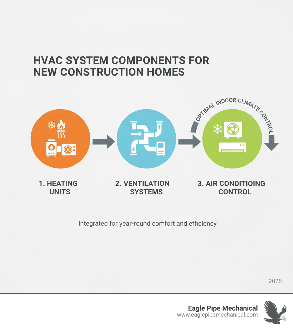 Comprehensive guide showing the three main components of HVAC systems: heating units like furnaces and heat pumps, ventilation systems including ductwork and air handlers, and air conditioning components, with arrows showing how they work together to create optimal indoor climate control for new construction homes - hvac installation new construction bainbridge island infographic Comprehensive guide showing the three main components of HVAC systems: heating units like furnaces and heat pumps, ventilation systems including ductwork and air handlers, and air conditioning components, with arrows showing how they work together to create optimal indoor climate control for new construction homes - hvac installation new construction bainbridge island infographic