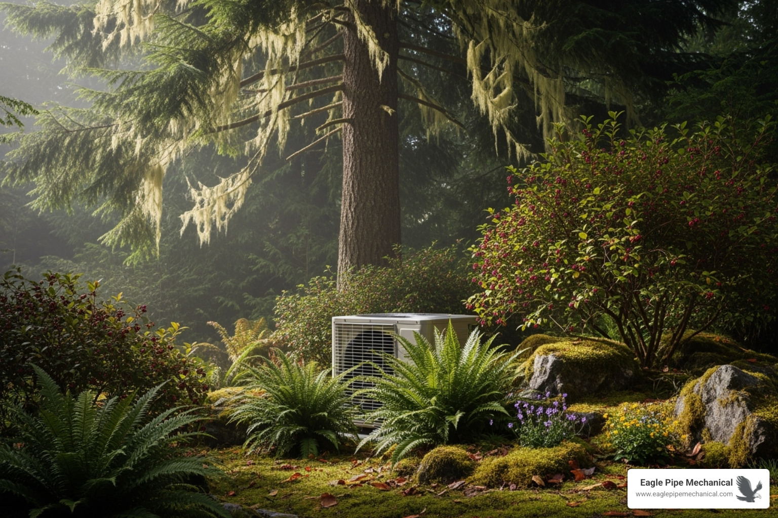 of a quiet outdoor ductless compressor unit surrounded by Pacific Northwest foliage - ductless ac hansville