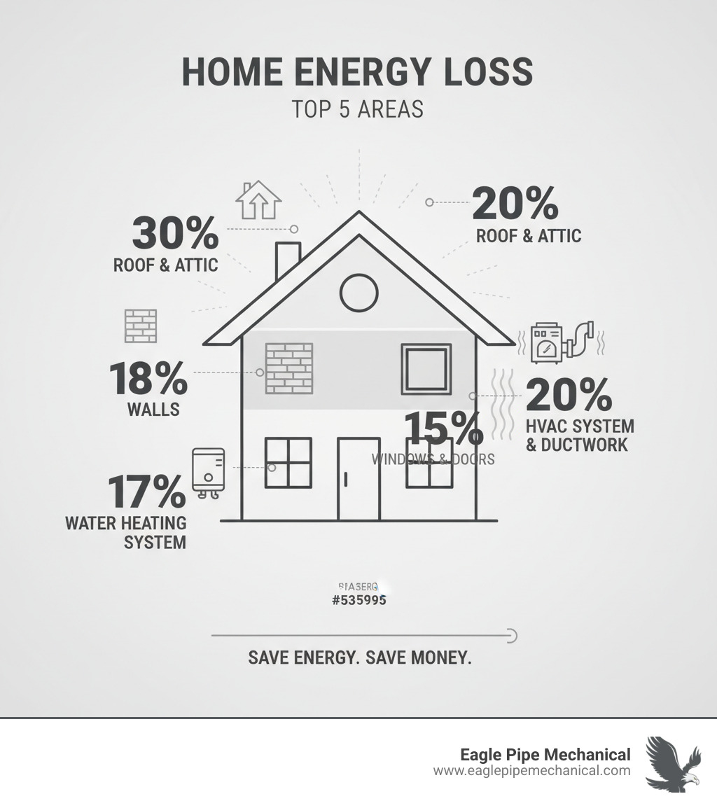 Infographic showing the top 5 areas of energy loss in a typical home: 30% through the roof and attic, 18% through walls, 15% through windows and doors, 20% through HVAC system and ductwork, and 17% through water heating system - home energy efficiency infographic Infographic showing the top 5 areas of energy loss in a typical home: 30% through the roof and attic, 18% through walls, 15% through windows and doors, 20% through HVAC system and ductwork, and 17% through water heating system - home energy efficiency infographic