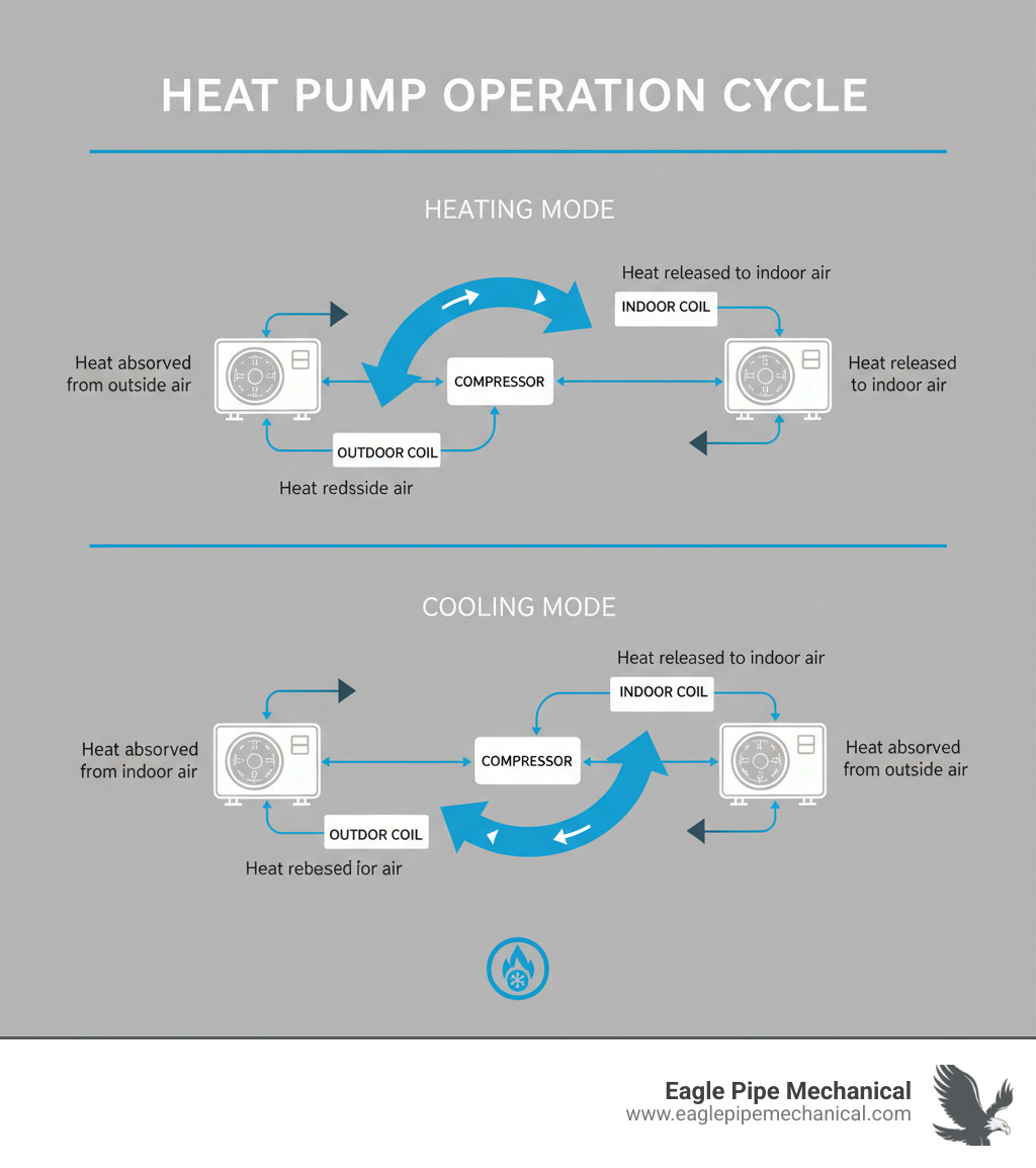 Detailed infographic showing heat pump operation cycle with arrows indicating heat transfer from outdoor unit to indoor unit in heating mode, and reverse flow in cooling mode, including key components like compressor, refrigerant lines, and indoor/outdoor coils - heat pump repair service infographic 