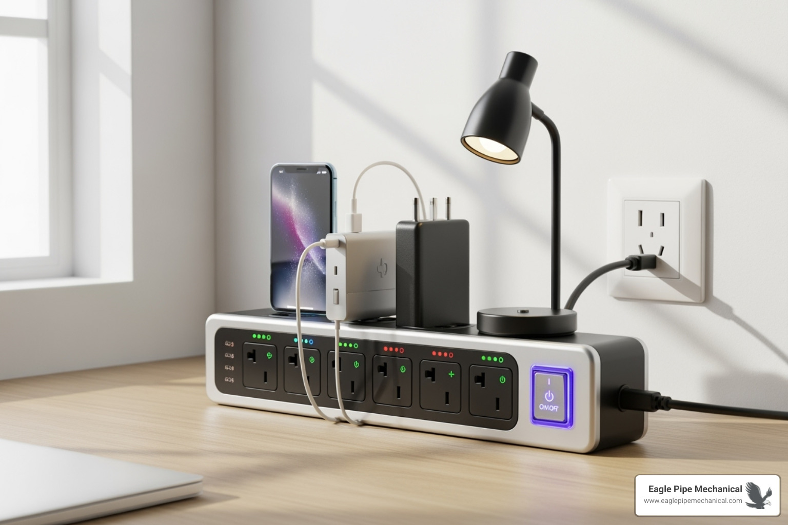 A smart power strip with multiple outlets and an on/off switch - home energy efficiency A smart power strip with multiple outlets and an on/off switch - home energy efficiency