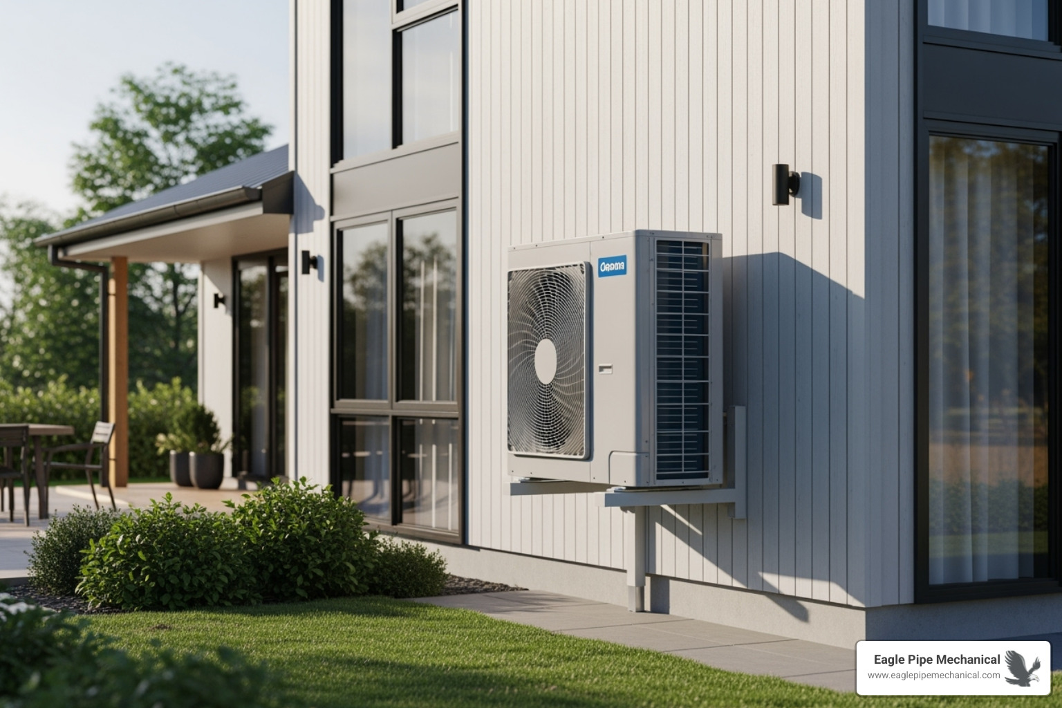 A modern, high-efficiency heat pump unit installed on the side of a house - home energy efficiency A modern, high-efficiency heat pump unit installed on the side of a house - home energy efficiency