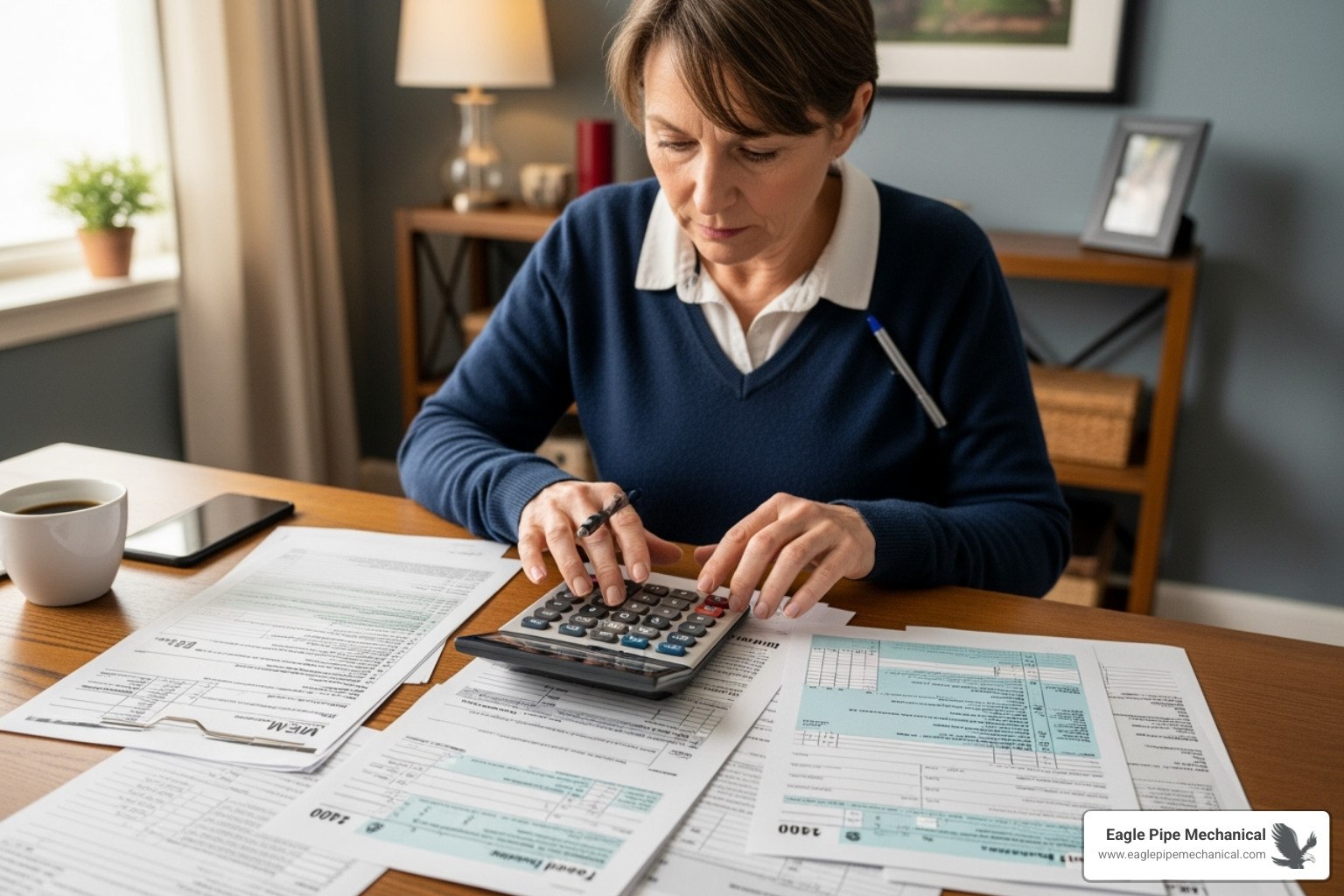 A homeowner reviewing tax forms with a calculator - home energy efficiency A homeowner reviewing tax forms with a calculator - home energy efficiency