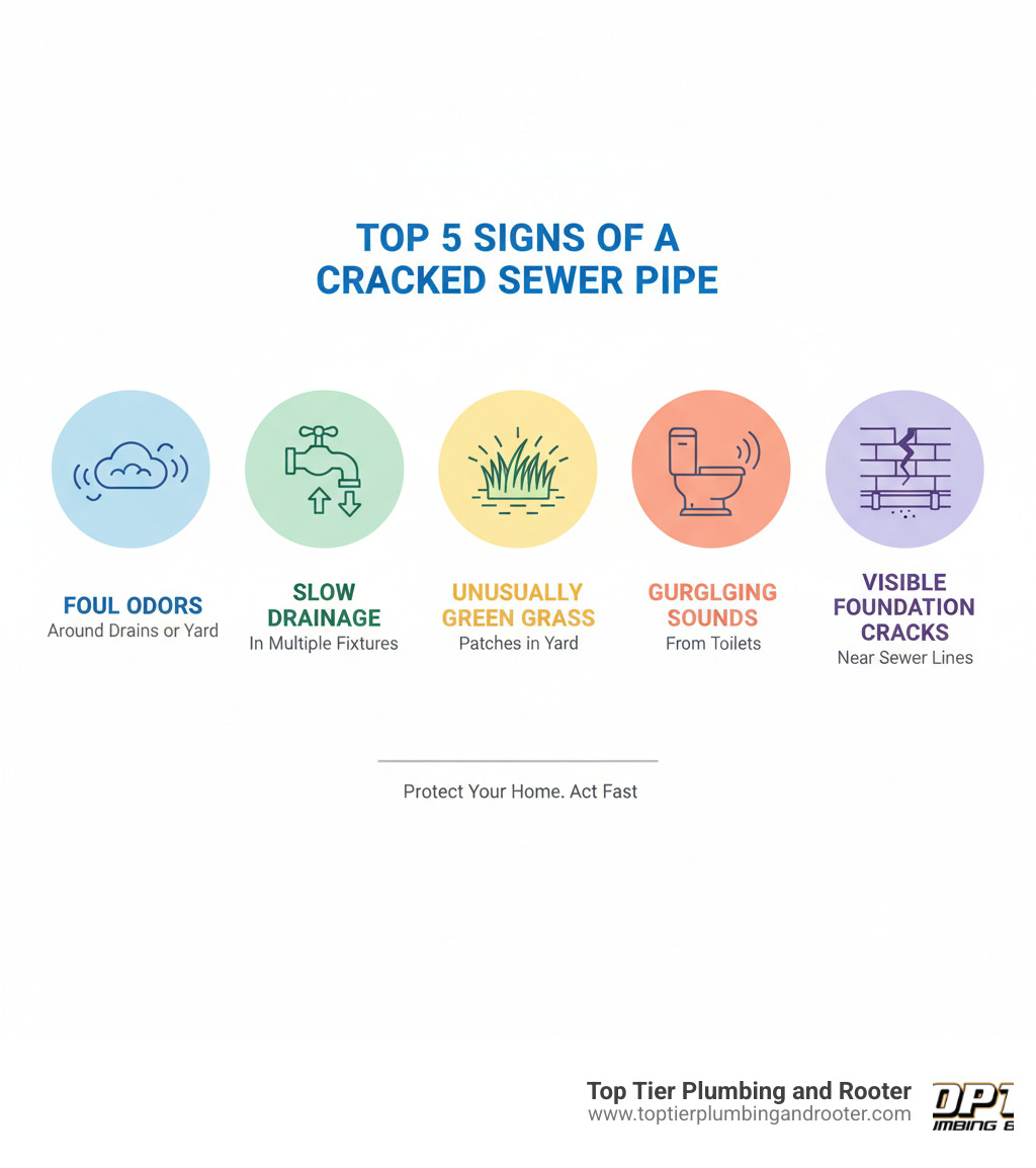 Infographic showing the top 5 signs of a cracked sewer pipe including foul odors around drains or yard, slow drainage in multiple fixtures, unusually green patches of grass, gurgling sounds from toilets, and visible foundation cracks near sewer lines - Cracked sewer pipe infographic  Infographic showing the top 5 signs of a cracked sewer pipe including foul odors around drains or yard, slow drainage in multiple fixtures, unusually green patches of grass, gurgling sounds from toilets, and visible foundation cracks near sewer lines - Cracked sewer pipe infographic