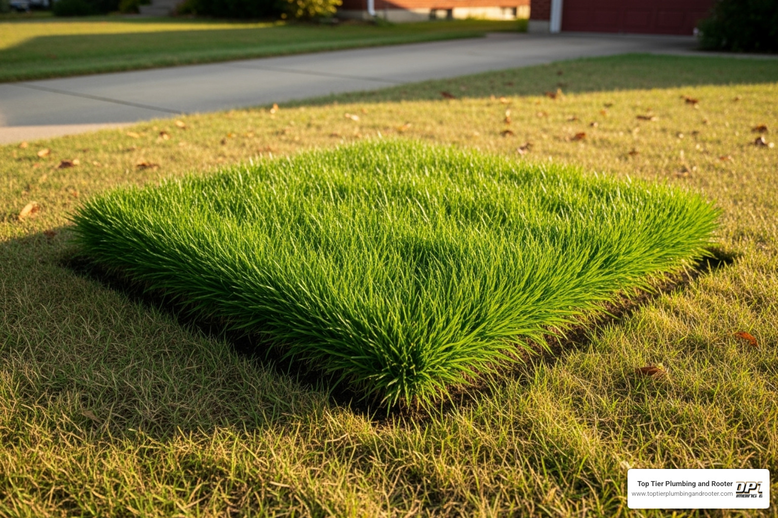 of an unusually lush, green patch of grass in a residential yard - Cracked sewer pipe of an unusually lush, green patch of grass in a residential yard - Cracked sewer pipe