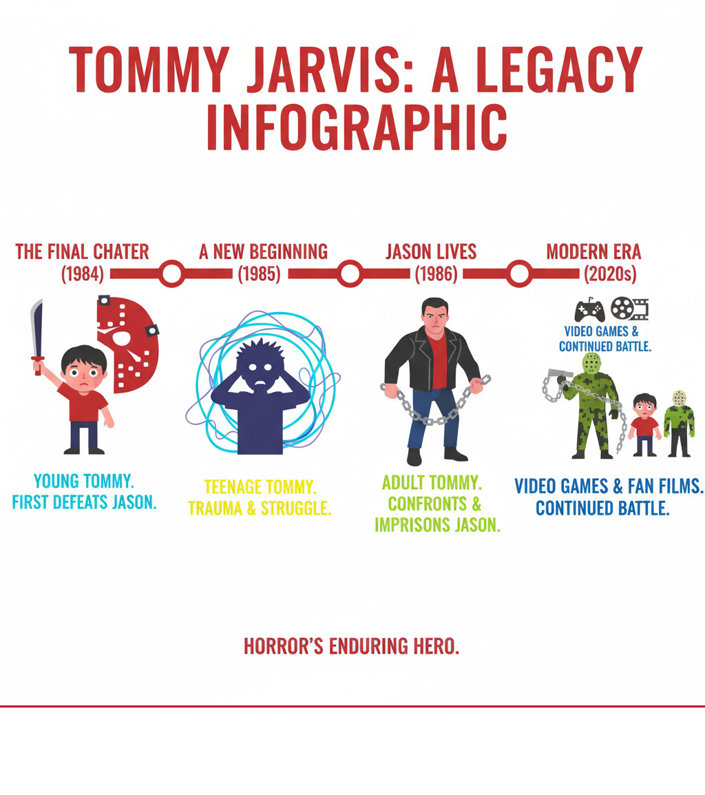 Tommy Jarvis Timeline: From The Final Chapter (1984) where young Tommy first defeats Jason, through A New Beginning (1985) showing his psychological struggles as a teenager, to Jason Lives (1986) where adult Tommy faces his demons and defeats Jason again, plus his modern appearances in video games and fan films - tommy jarvis infographic 