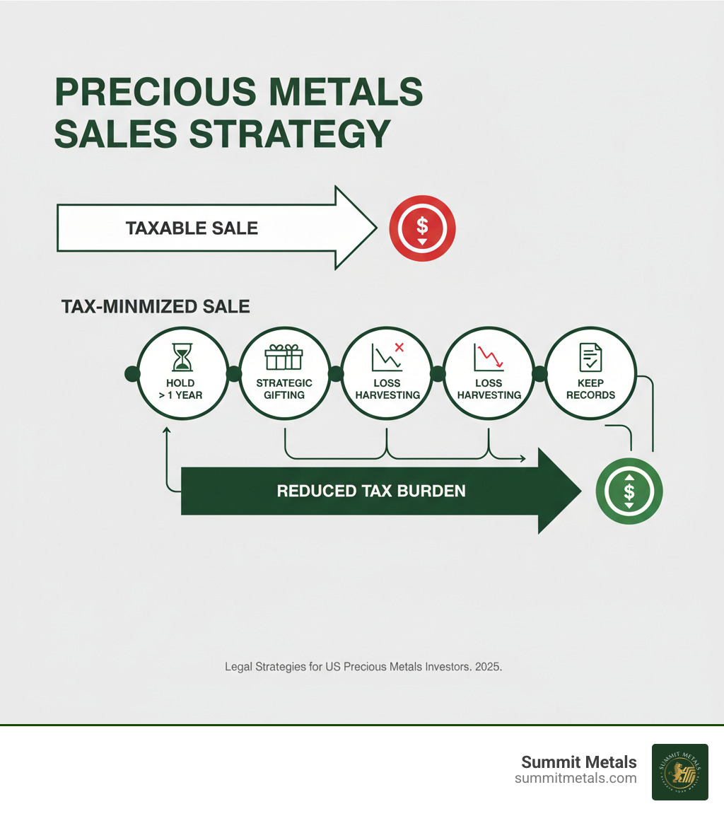 infographic showing the flow from a taxable precious metals sale to a tax-minimized sale using legal strategies like holding periods, gifting, loss harvesting, and record keeping - how to sell gold and silver tax free infographic 