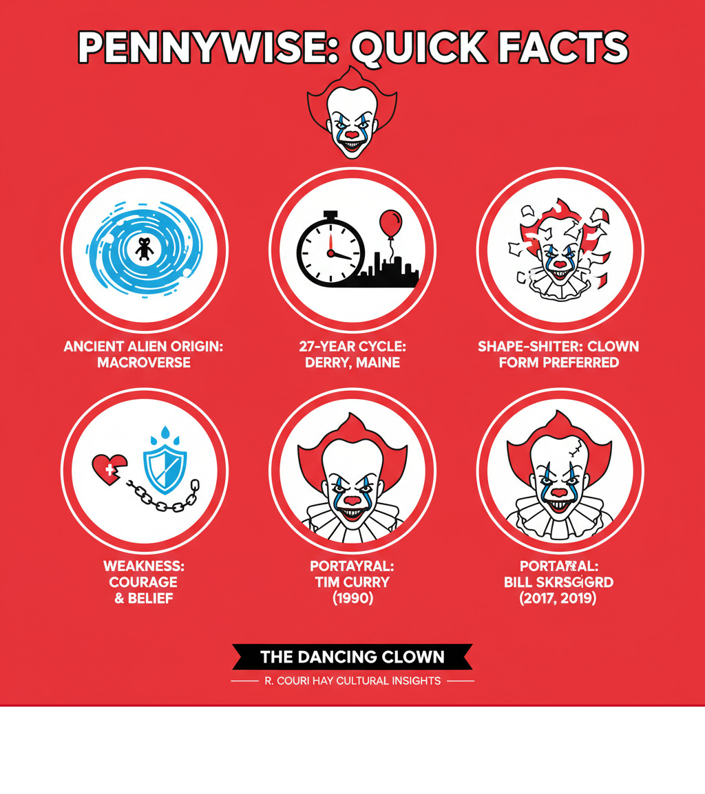 Comprehensive infographic showing Pennywise's key characteristics: ancient alien origin from the Macroverse, 27-year feeding cycle in Derry Maine, shape-shifting abilities with clown as preferred form, weakness to courage and belief, and major portrayals by Tim Curry and Bill Skarsgård - pennywise the dancing clown infographic 