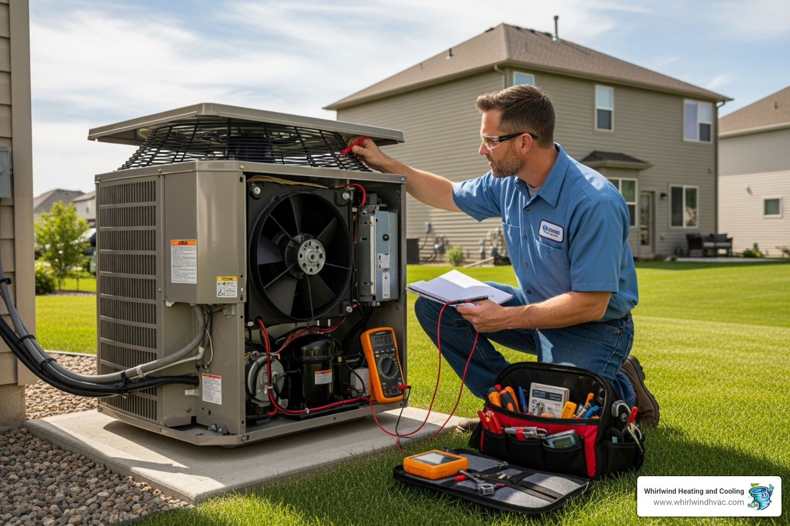 HVAC technician working on an outdoor AC unit - hvac company near me