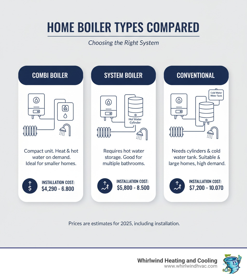 Detailed comparison infographic showing three main boiler types: Combi boilers (compact, provides heat and hot water on demand, ideal for smaller homes), System boilers (requires cylinder for hot water storage, good for homes with multiple bathrooms), and Conventional boilers (needs both cylinder and cold water tank, suitable for large homes with high hot water demand), including visual diagrams of each system's components and typical installation costs - boiler installation infographic 