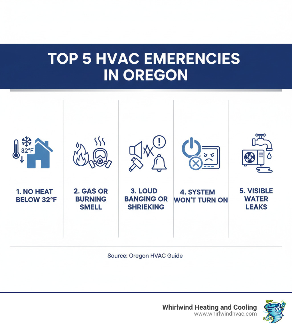 Infographic showing the top 5 signs of an HVAC emergency in Oregon: 1) No heat when outdoor temperature is below 32°F, 2) Gas or burning smell from system, 3) Loud banging or shrieking noises, 4) System won't turn on despite proper thermostat settings, 5) Visible water leaks around heating/cooling equipment - emergency hvac oregon infographic 