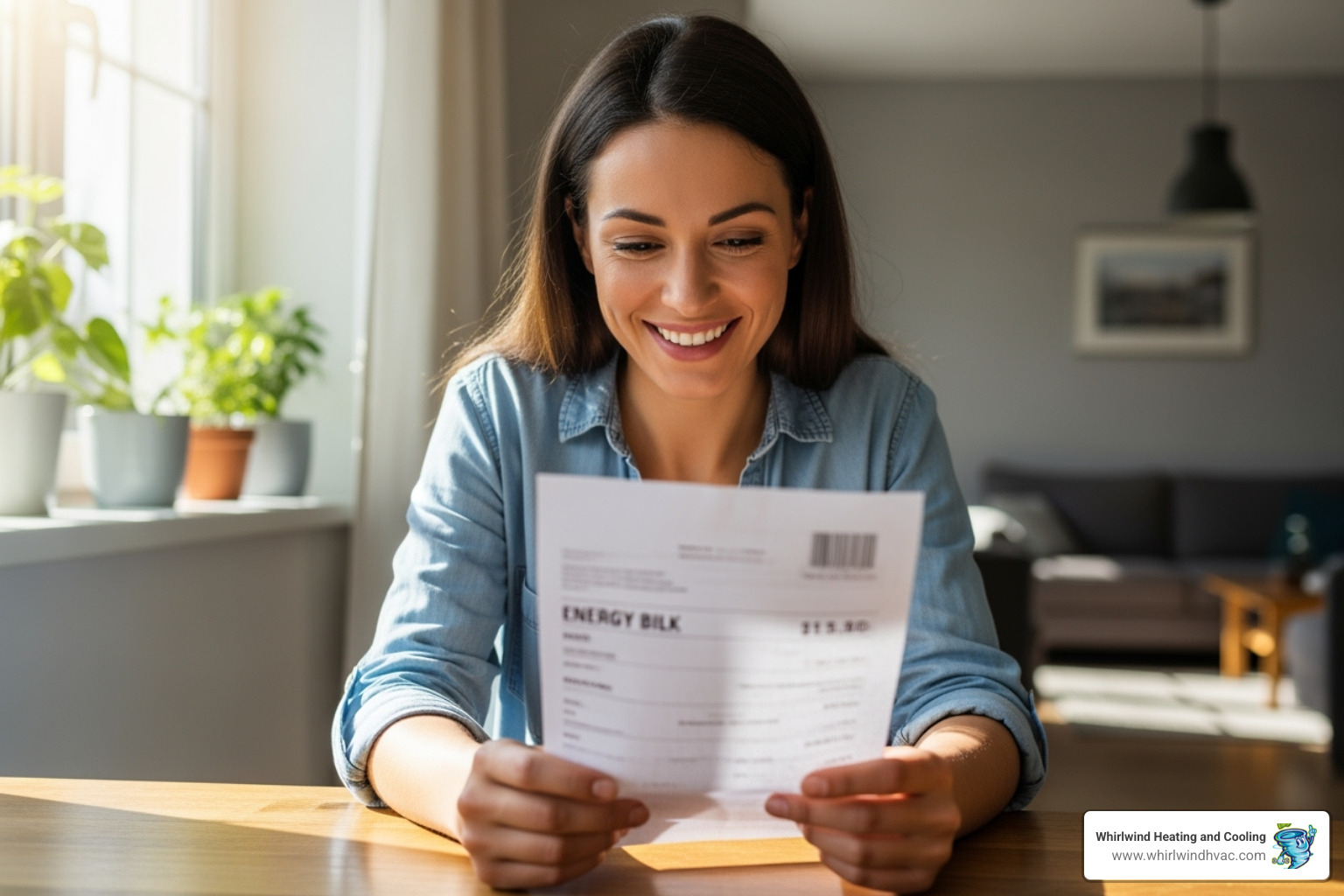 of a homeowner looking at an energy bill with a smile - boiler installation