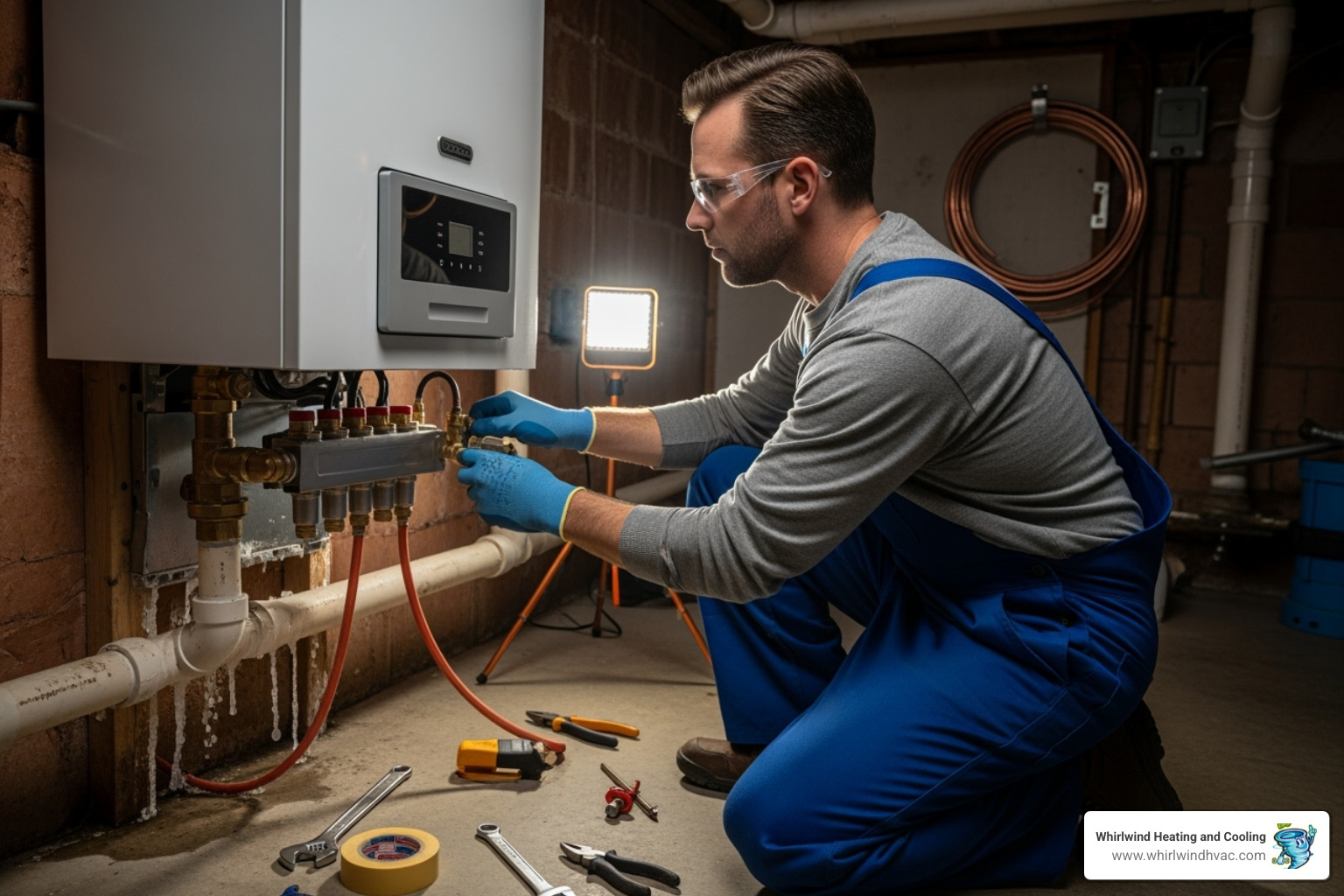 of a certified technician carefully installing a new boiler - boiler installation