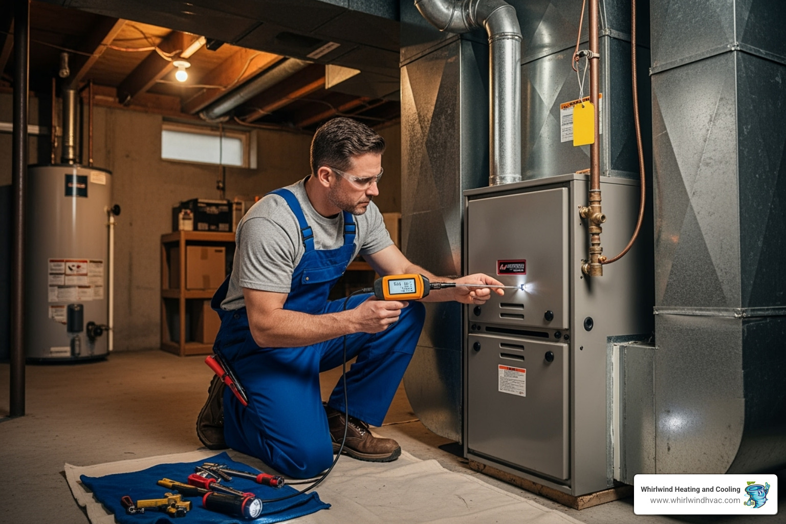 HVAC technician inspecting a furnace for a gas leak - emergency hvac oregon