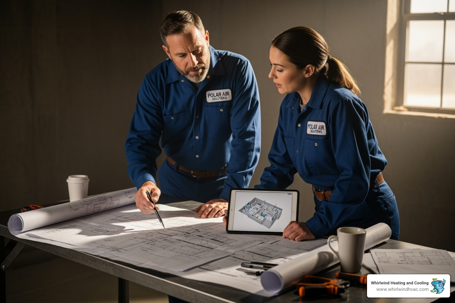 HVAC technicians planning an installation with blueprints - commercial hvac replacement
