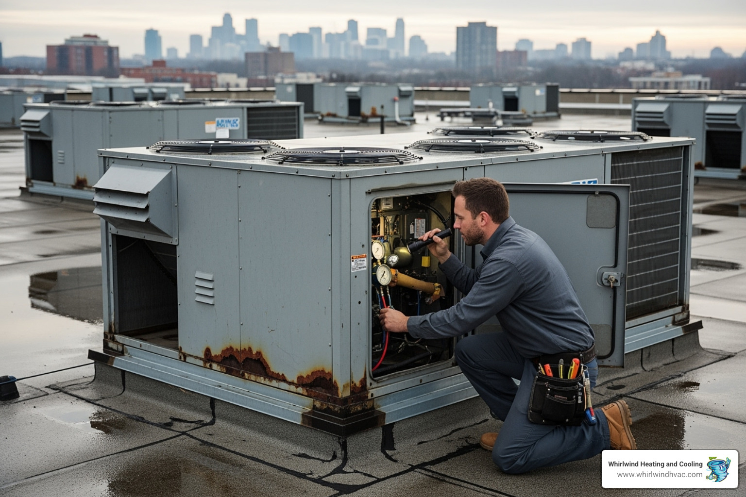 technician inspecting an older commercial HVAC unit - commercial hvac replacement