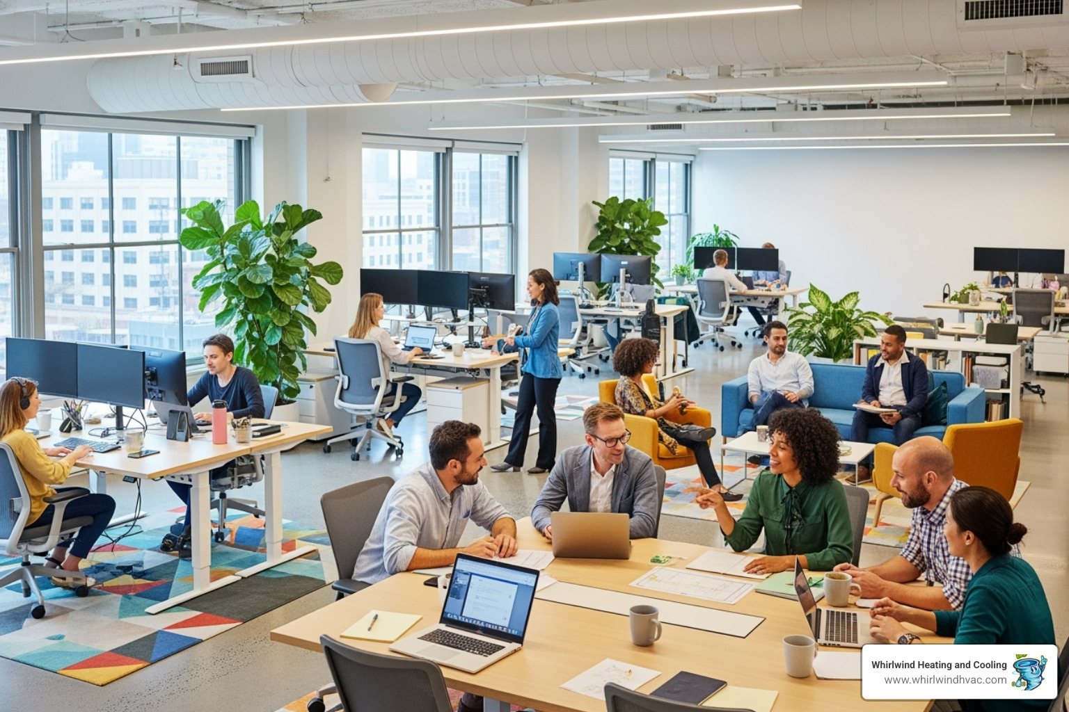 bright, modern office with happy, productive employees - commercial hvac replacement