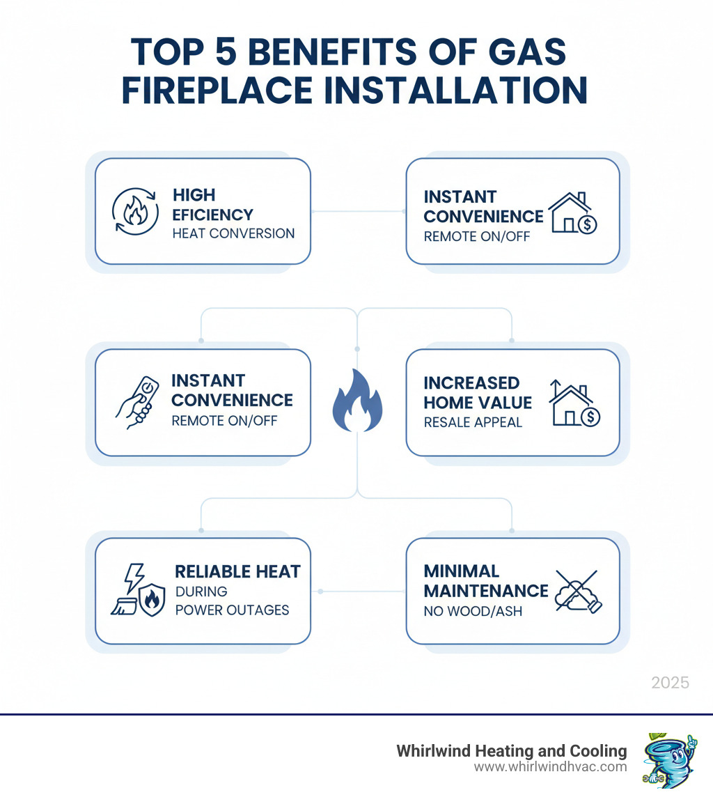Comprehensive infographic showing the top 5 benefits of gas fireplace installation: high efficiency ratings of 75-99%, instant on/off convenience with remote control, increased home value and resale appeal, reliable heat source during power outages, and minimal maintenance requirements compared to wood-burning alternatives - gas fireplace installation near me infographic 