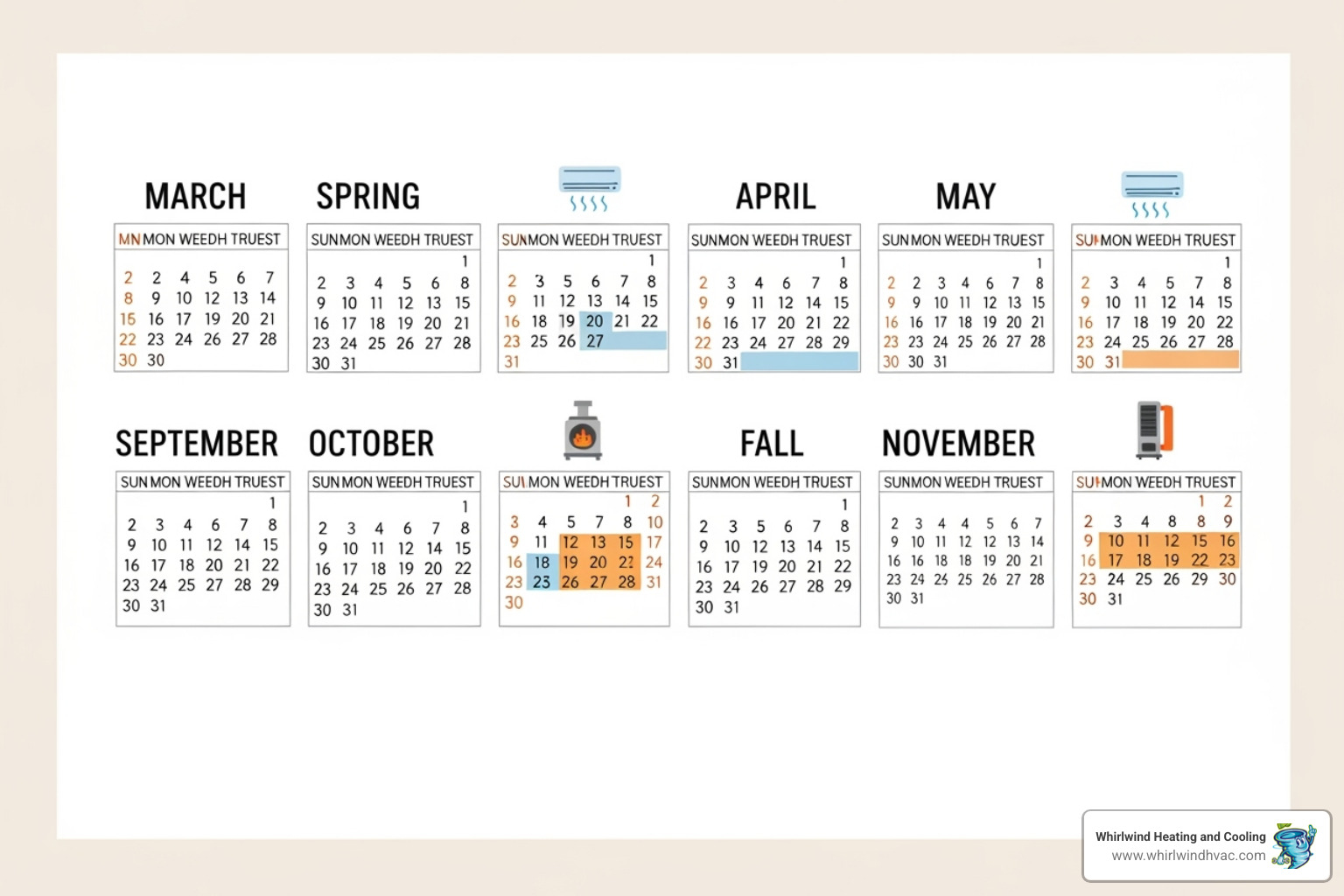 Calendar marked with Spring AC Tune-Up and Fall Furnace Tune-Up - hvac tune up Calendar marked with Spring AC Tune-Up and Fall Furnace Tune-Up - hvac tune up
